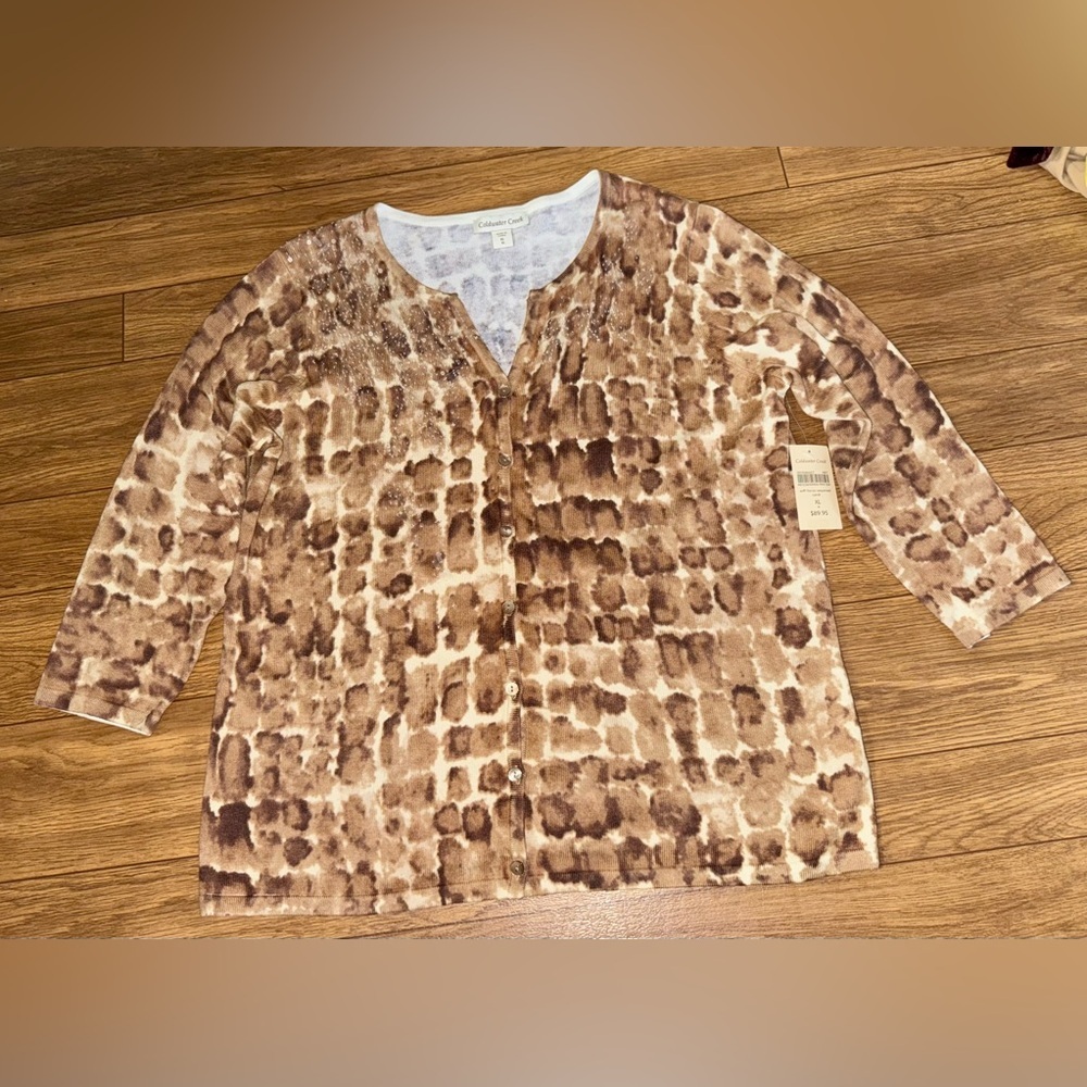 NWT Coldwater Creek Sweater Cardigan Women XL Brown Cotton Modal Blend sequins